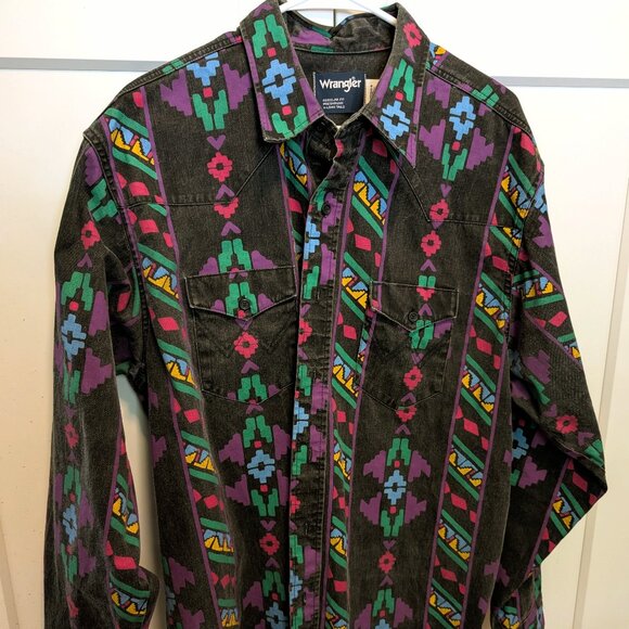 Vintage WRANGLER Brushpopper Button Down Shirt X-Long Tails Aztec Western 17-35 - Picture 1 of 5